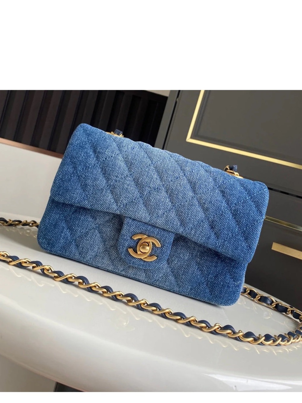 CHANEL Denim Quilted Shoulder Bag in Blue with Gold Hardware
